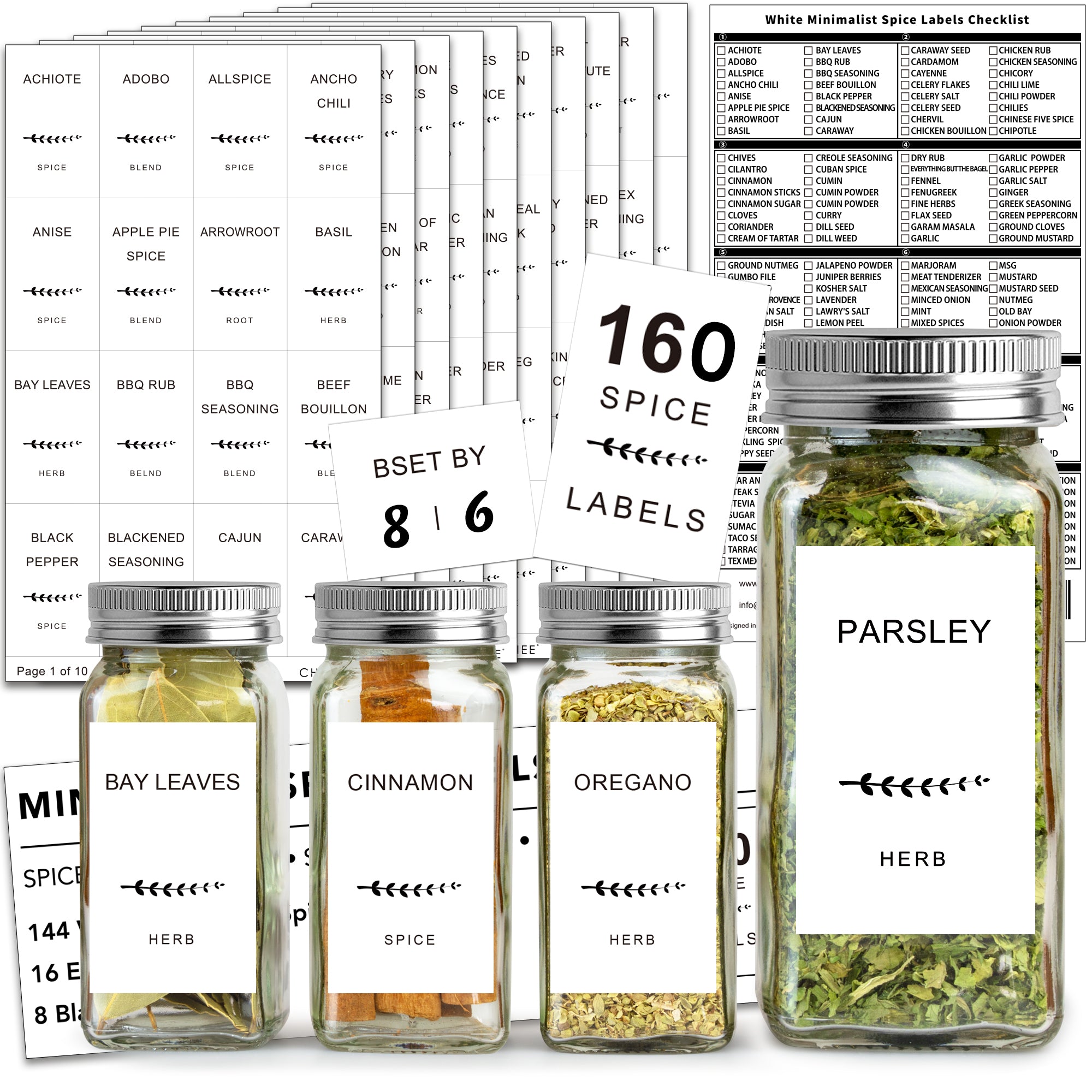 160 Minimalist Spice Jar Labels for Spice Cabinet, Preprinted Herb Sea –  Chubbiee